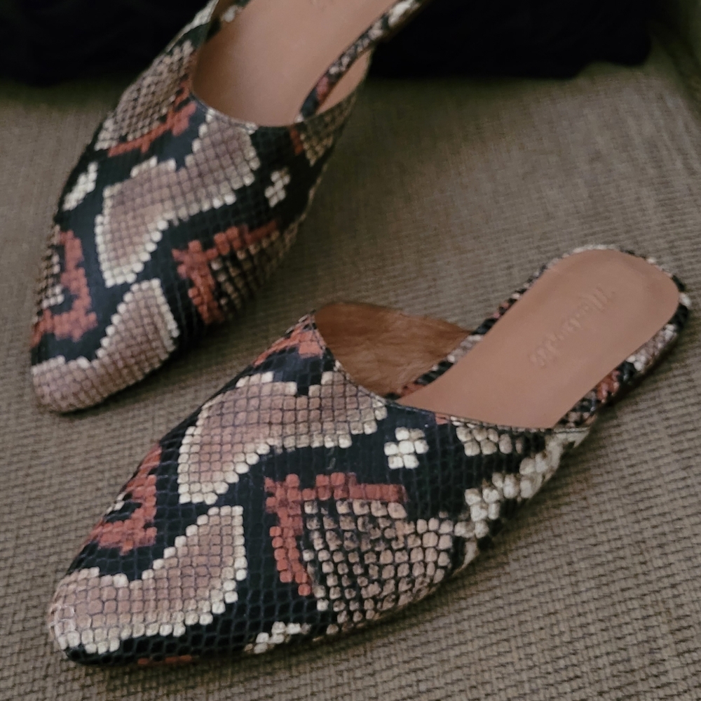 MADEWELL REMI LEATHER MULE SLIDES SPICED CIDER MULTI SNAKE PRINT